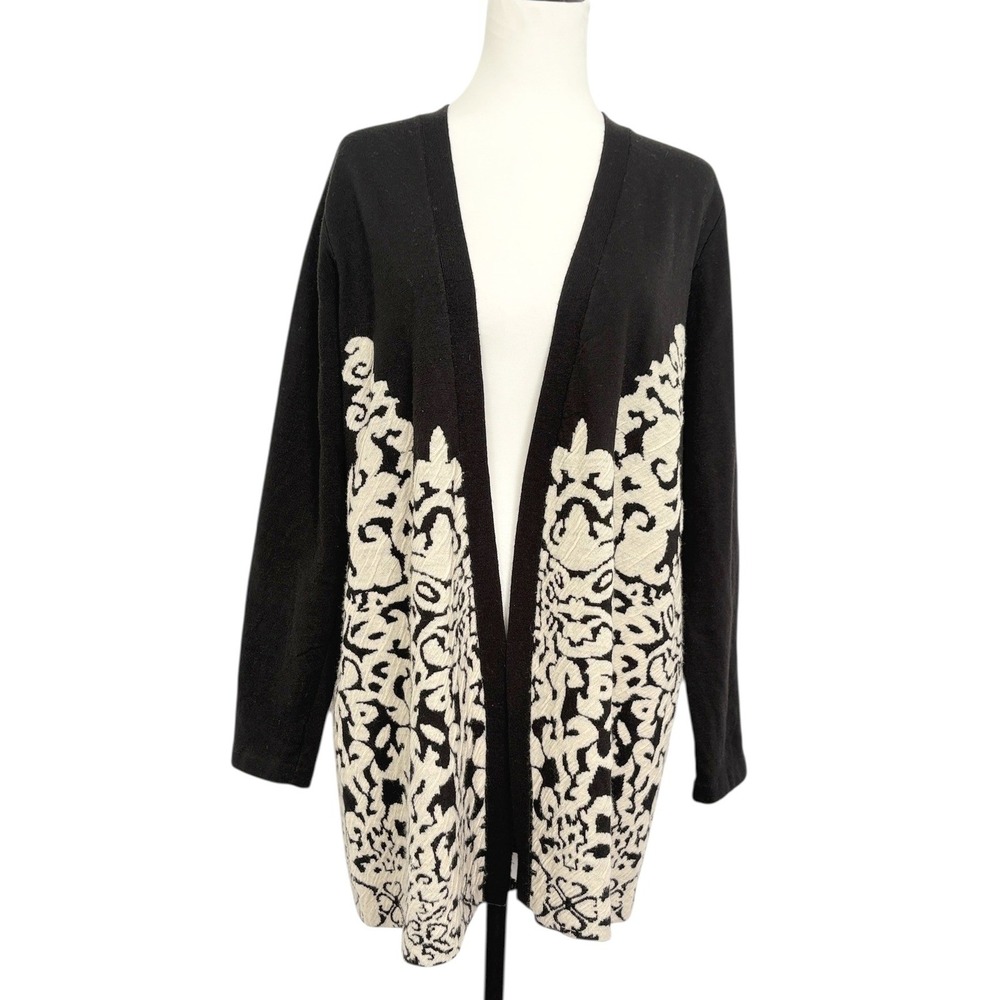 Chicos Damask Cardigan Wool Blend Sweater Open front Knit Long Sleeve Size 3